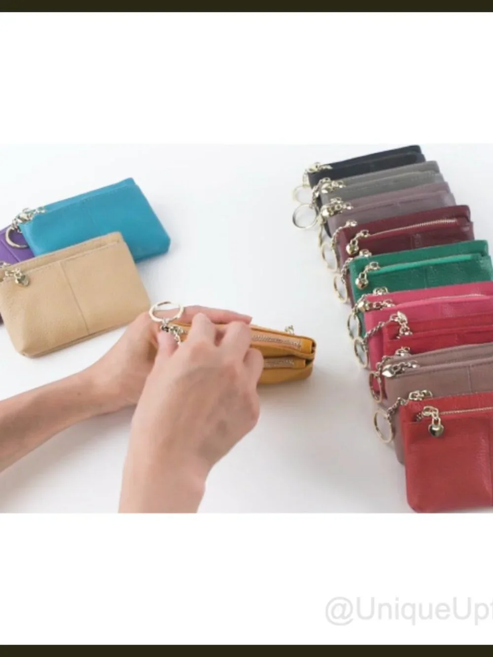 Genuine Leather Mini Coin Purse Key Ring Triple Zipper Card Holder Wallet